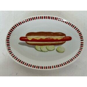 Vintage Hot Dog Pickles 8” Oval Serving Platter Plate Retro Diner BBQ Picnic